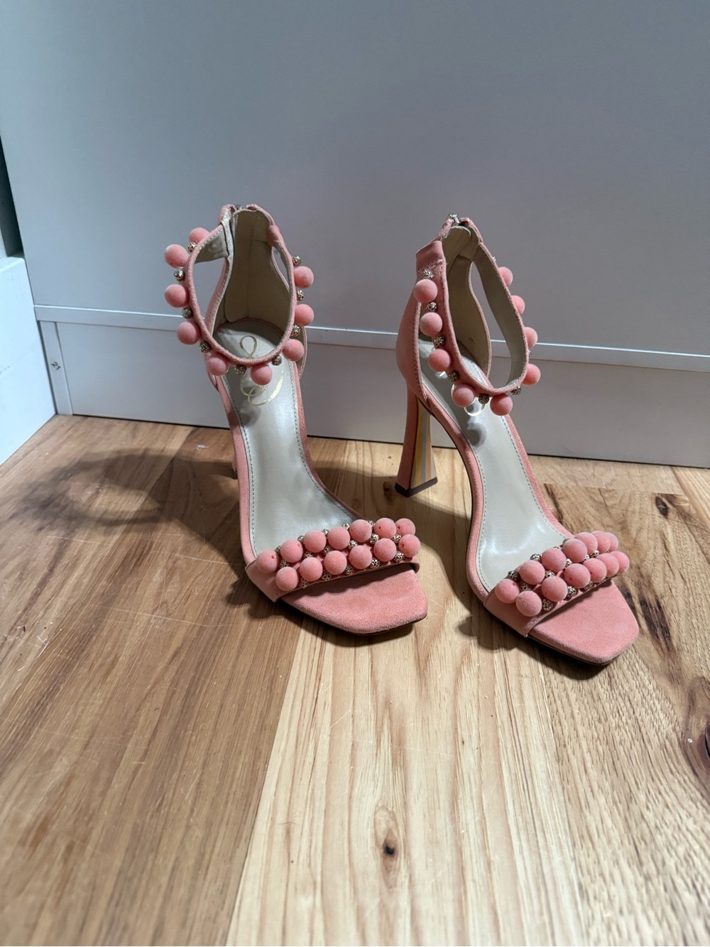 Sam Edelman Luella Sand Linen Beads Ankle Strap Open Toe Flared Heel Sandals 7
